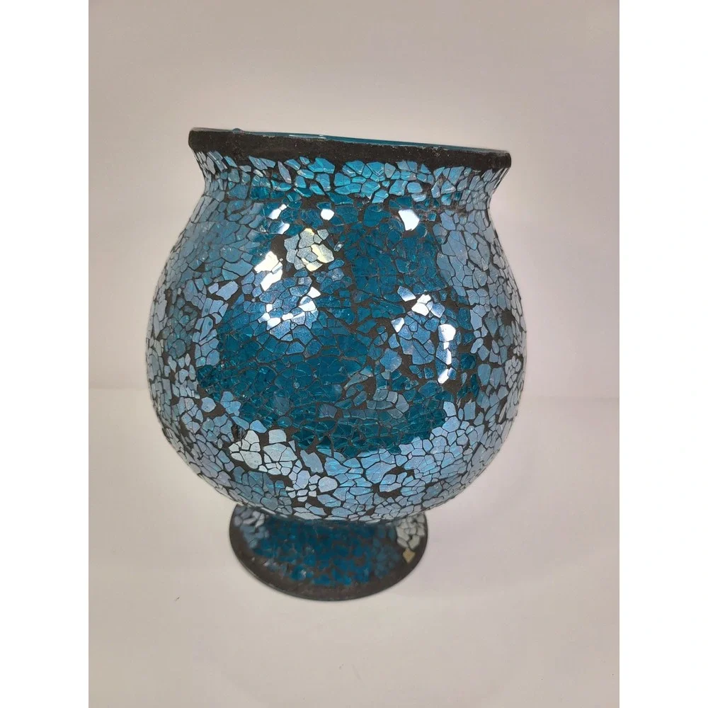 Blue Mosaic Glass Vase Pedestal Urn Decorative Cracked Glass Teal Home Decor 7in